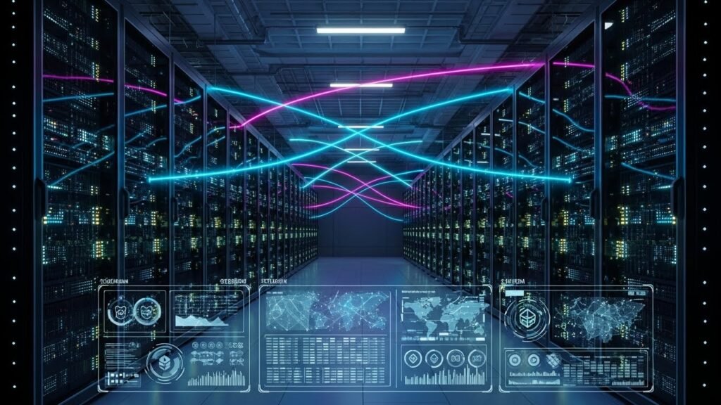 데이터 무결성과 보안을 상징하는 하이테크 서버실