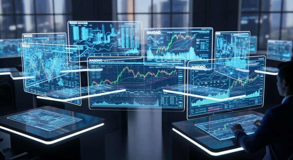 MGM홀짝 분석 알고리즘과 해외 주식 차트가 결합된 인공지능 분석 시스템 화면