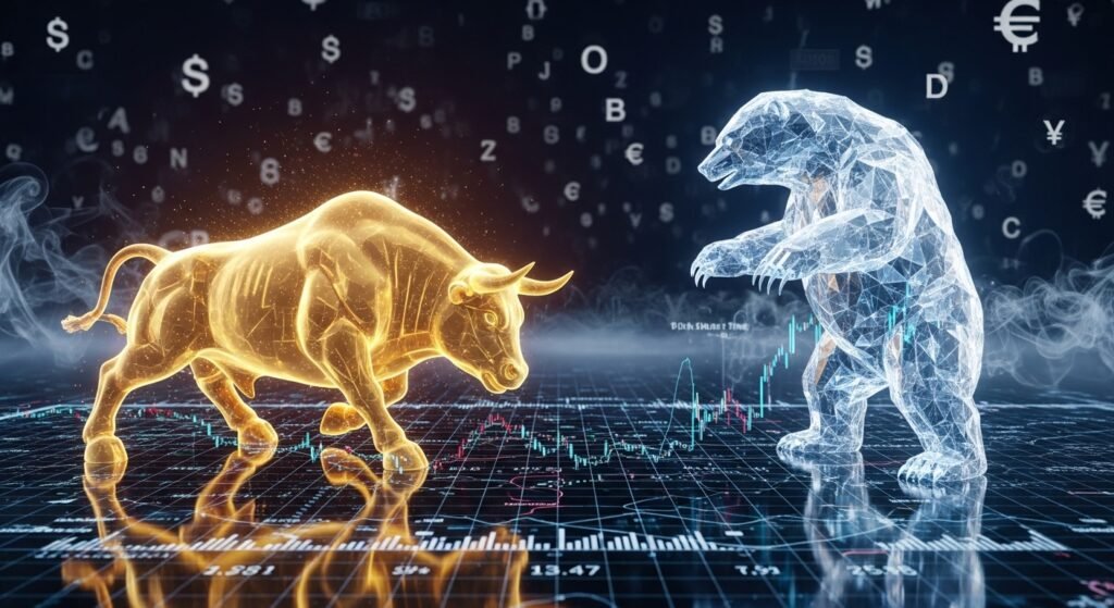 디지털 금융 시장에서 하락장과 상승장을 상징하는 황소와 곰의 대결