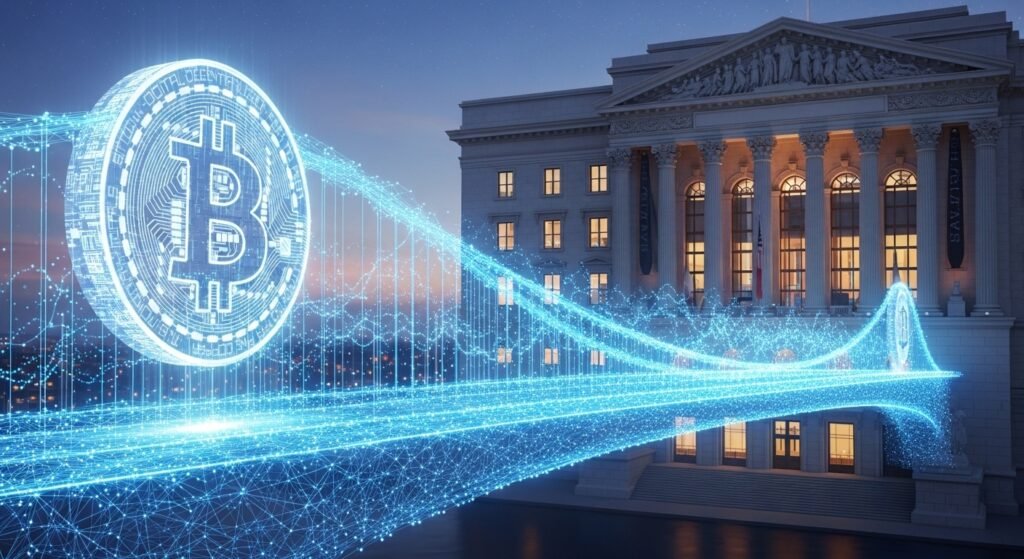 가상자산과 주식 시장을 연결하는 현대적인 데이터 교량의 모습