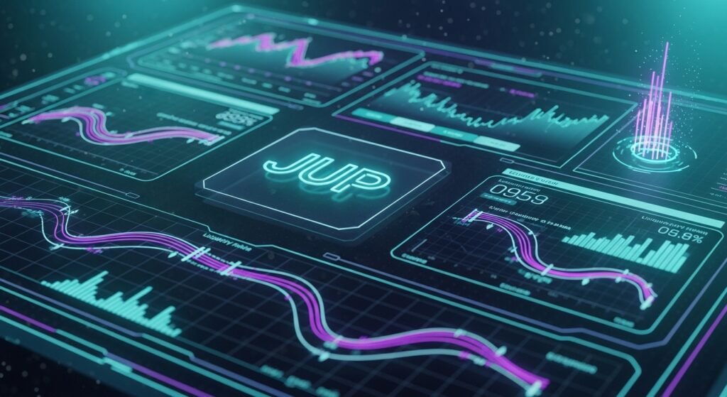 솔라나 생태계 내 주피터(JUP) 거래소의 인터페이스와 유동성 흐름 시각화